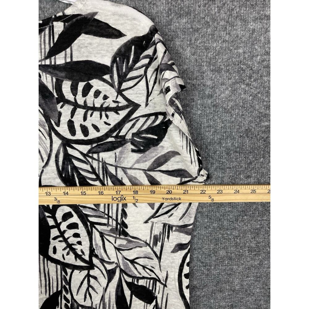 Tahari 100% Linen Top Large Black White Short Sleeve Leaf Print Coastal Beachy - Picture 7 of 8